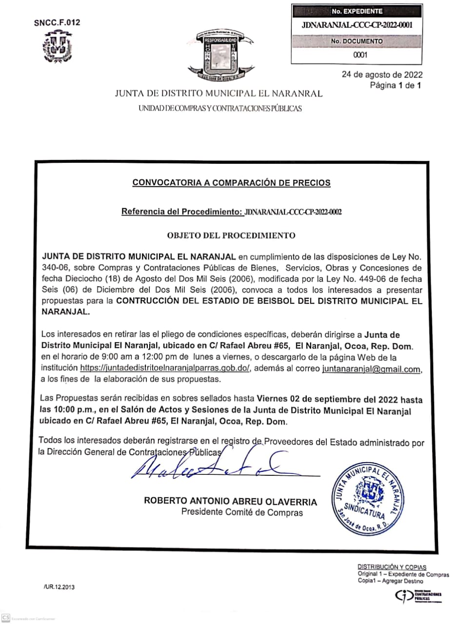 Inicia proceso de comparación de precios para la construcción de Estadio de Beisbol Distrito El Naranjal y Capilla sección de Parra